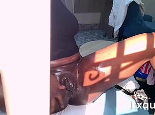 Masturbating with big tits and ass while step uncle watches, leading to squirting.