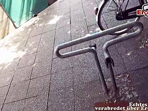 Chubby blonde shows big tits and fucks outdoor