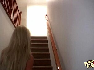 Blonde corset wearing slut handles a cock with her holes