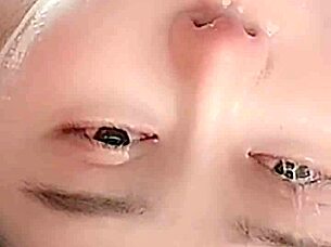 Tied girl in blowbang deepthroat scene