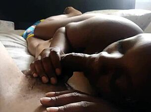 Bold ebony amateur sucks monster cock wetly