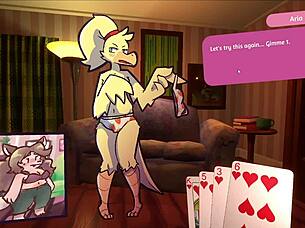 Two chicks intensely play furry strip poker.