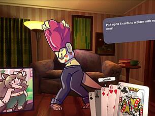 Two chicks intensely play furry strip poker.