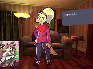 Two chicks intensely play furry strip poker.