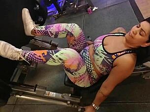 at the gym without panties, she trains with horniness, bent over for blowjob