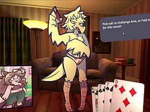 Two chicks intensely play furry strip poker.