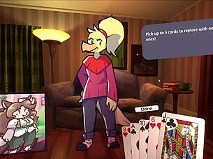 Two chicks intensely play furry strip poker.