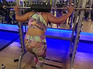 at the gym without panties, she trains with horniness, bent over for blowjob