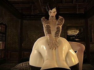 Димитреску2 сталкивается с диким монстром в 3D мультяшном экшене.