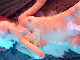 Blonde in white stockings moans loud in cum puddle