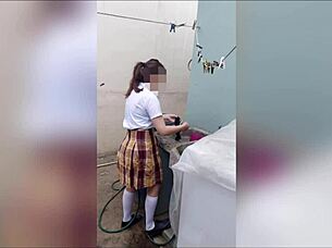 Teen student caught washing panties by stepdad in secret! 😳